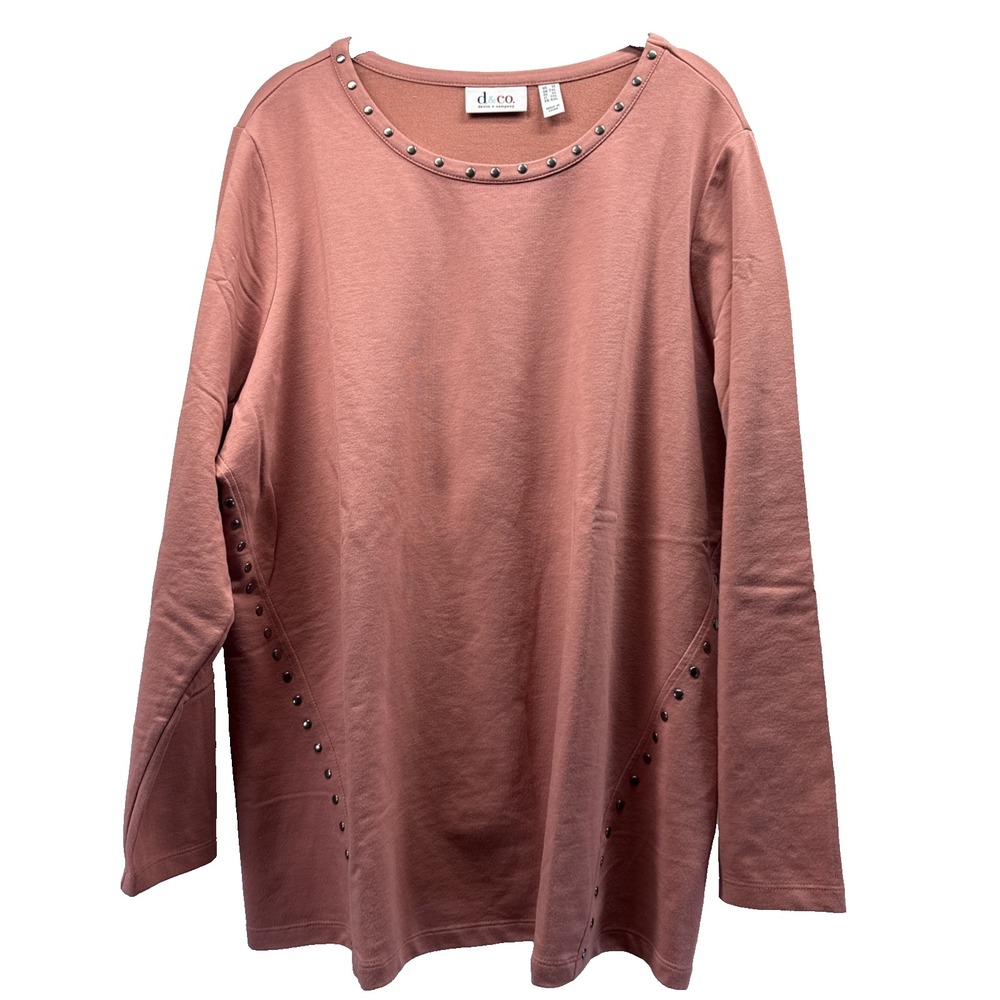 Denim & Co Women's Top Size 1X Plus Solid Coral Metal Rivets Long Sleeve Cotton
